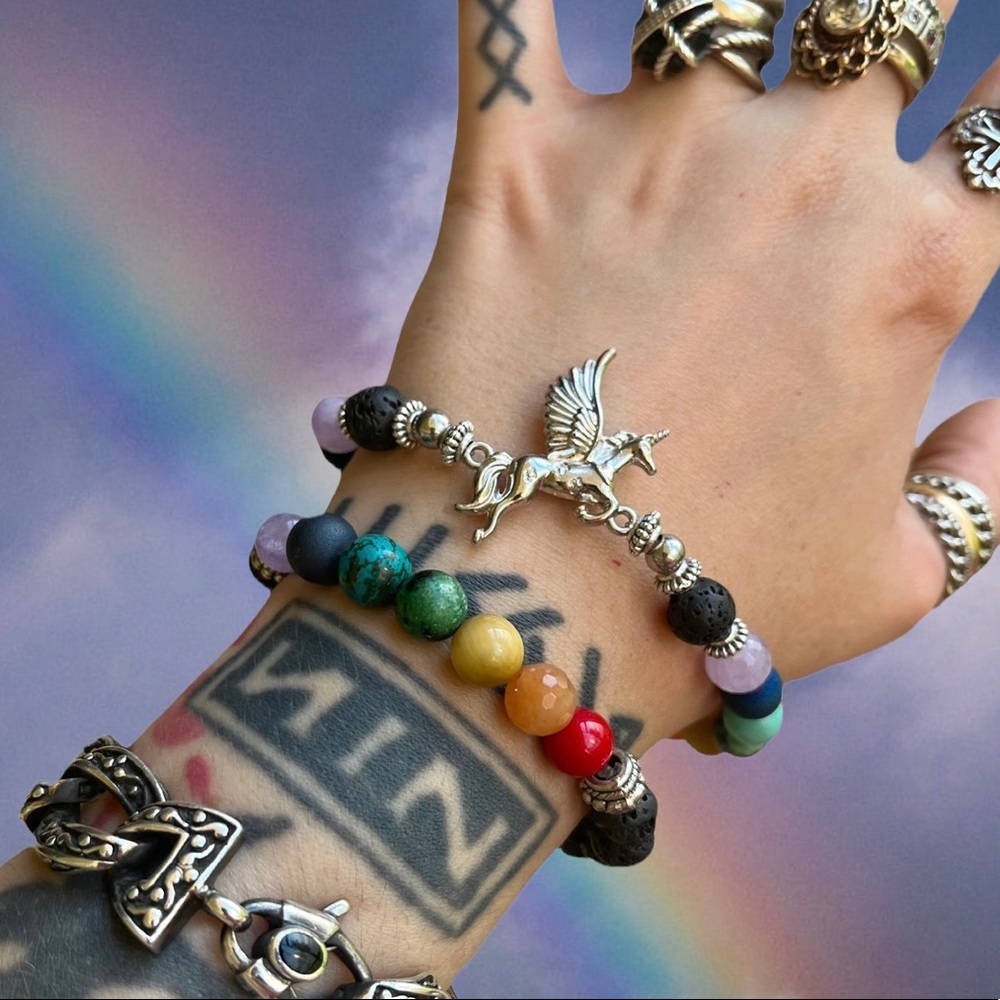 SET ( 2 bracelets ) Rainbow unicorn bead Boho natural gemstones pride silver